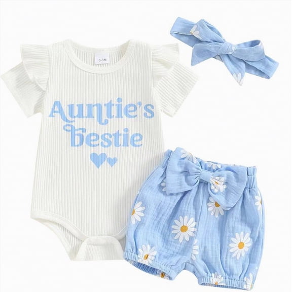 CAICJ98 Aunties Bestie Baby Clothes Girl Newborn Infant Girls Summer Outfit Ruffle Short Sleeve Romper Daisy Shorts Headband Set (Blue,9-12 Months)