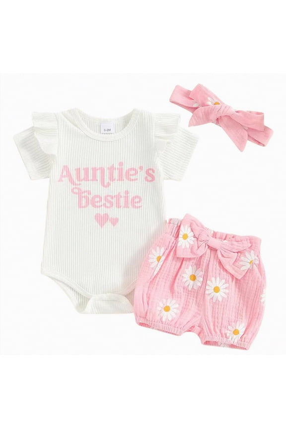 Aunties Bestie Baby Clothes Girl Newborn Infant Girls Summer Outfit Ruffle Short Sleeve Romper Daisy Shorts Headband Set (Pink,9-12 Months)