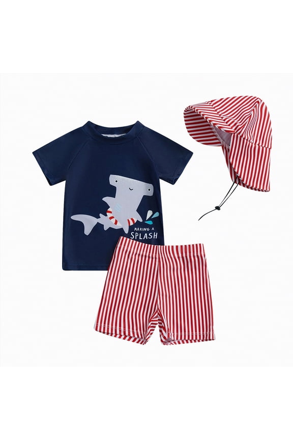 Baby Boy 3 Pieces Swimsuit Quick Dry Swim Trunks Set Toddler Short Sleeve Rash Guard Sets Beach Hawaii Bathing Suits Infant Swimwear with Sun Hat (Red,18-24 Months)