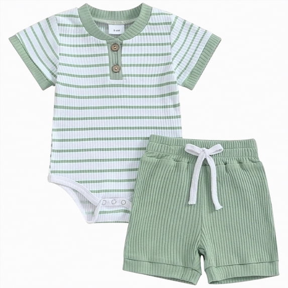 CAICJ98 Baby Boy Clothes Ribbed Knit Short Sleeve Striped Romper Shorts Set Infant Newborn Summer Outfits (Light Green,9-12 Months)