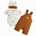 thumbnail image 1 of CAICJ98 Baby Boy Clothes Short Sleeved Cute Cartoon Romper + Shorts + Hat Overalls Suspender 3 Pcs Outfits Set (Coffee,3-6 Months), 1 of 5