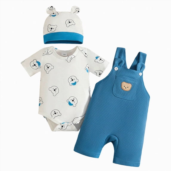 CAICJ98 Baby Boy Clothes Short Sleeved Cute Cartoon Romper + Shorts + Hat Overalls Suspender 3 Pcs Outfits Set (Sky Blue,18-24 Months)