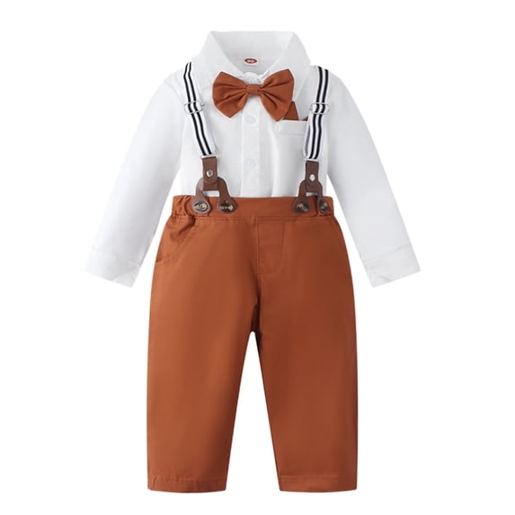 CAICJ98 Baby Boy Clothes Suit Gentleman Wedding Outfits, Formal Dress Shirt+Bowtie+Suspender Pants Brown,12-18 Months