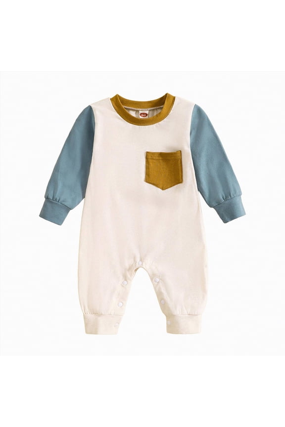 Baby Boy Fall Winter Clothes Infant Baby Boy Color Block Long Sleeve Romper Jumpsuit Playsuit One Piece Outfit (Blue,18-24 Months)
