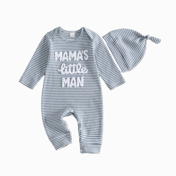 CAICJ98 Baby Boy Fall Winter Clothes Newborn Dad's Little Dude/Mama's Little Man Matching Outfits Long Sleeve Ribbed Knit Striped Romper Bodysuit with Hat,Size 0-3 Months