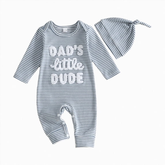 CAICJ98 Baby Boy Fall Winter Clothes Newborn Dad's Little Dude/Mama's Little Man Matching Outfits Long Sleeve Ribbed Knit Striped Romper Bodysuit with Hat,Size Newborn