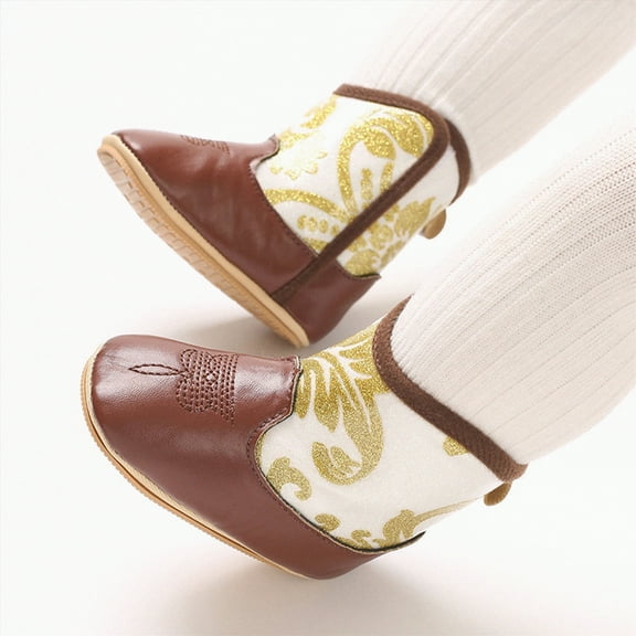 CAICJ98 Baby Boy Girl Cowboy Boots Winter Snow Boots Western Style Booties for Boys Girls Warm First Walker Shoes for Christmas Baby Shower Gold,4.5(Infant/Toddler)