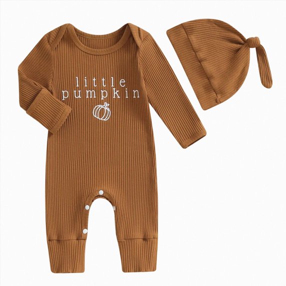 CAICJ98 Baby Boy Halloween Outfits Knit Long Sleeve Onesie Pumpkin Romper Jumpsuit Infant Baby Boy Halloween Clothes with Hat Set (Gold,0-3 Months)