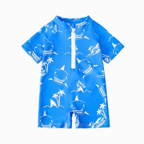 CAICJ98 Baby Boy Swimsuit Summer Cartoon Shark Print Zipper One Piece Rash Guard Bathing Suit Toddler Swimwear (Blue,6-12 Months)