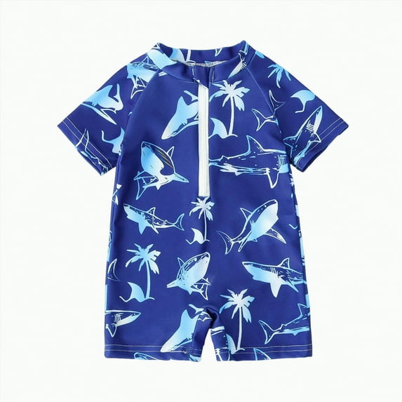 CAICJ98 Baby Boy Swimsuit Summer Cartoon Shark Print Zipper One Piece Rash Guard Bathing Suit Toddler Swimwear (Dark Blue,6-12 Months)