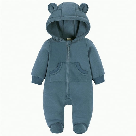 CAICJ98 Baby Fluffy Jumpsuit Hooded Fleece Warm Winter Clothes Baby Boy Girl Romper Long Sleeve Zipper Onesie Outwear Infant Newborn Snowsuit Outfits (Navy,12-18 Months)