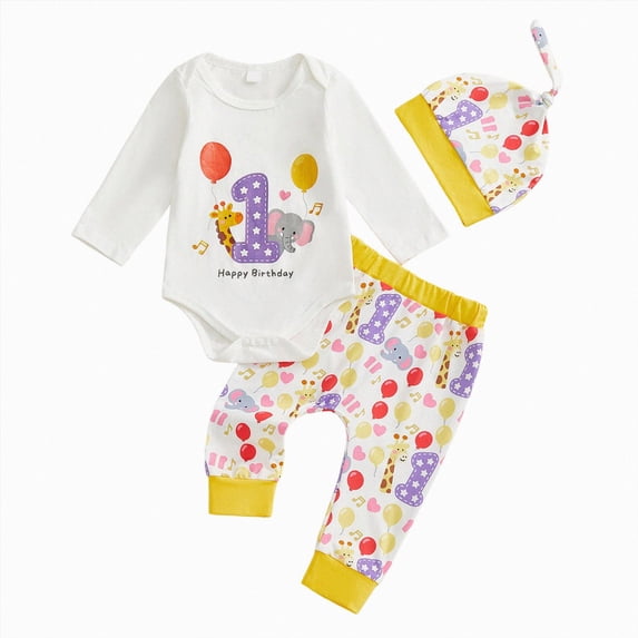 CAICJ98 Baby Girl 1st Birthday Outfit Boy Girl Happy Birthday Long Sleeve Baby Romper Long Pants With Hat,Size 6-12 Months