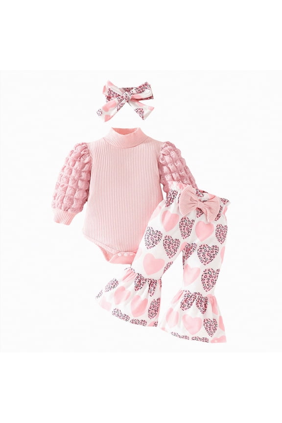 Baby Girl Balloon Long Sleeve Romper 3Pcs Infant Girl Outfits Flare Pants Set with Headband Newborn Winter Clothes (Pink,12-18 Months)