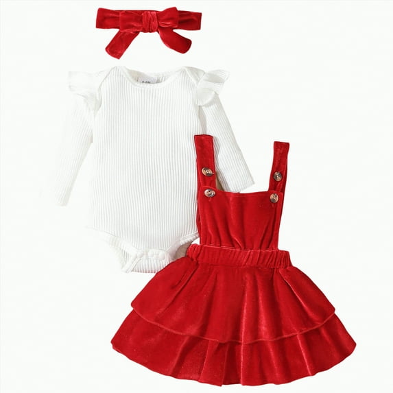 CAICJ98 Baby Girl Christmas Clothes Fall Winter Outfits Long Sleeve Romper Overall Skirt Dress Cute Newborn Outfit Red,Size 0-3 Months