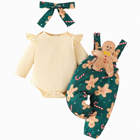 CAICJ98 Baby Girl Christmas Outfit Newborn Romper Gingerbread Pants Set Fall Winter Infant Clothes First Christmas 0 3 6 12 18 Months Baby Outfits Girl (White,6-9 Months)