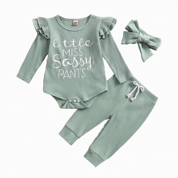 CAICJ98 Baby Girl Clothes 3Pcs Newborn Fall Winter Knit Ribbed Outfit Long Sleeve Romper Pants Headband Set, Size 3-6 Months