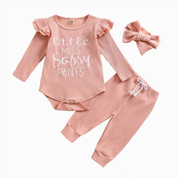 CAICJ98 Baby Girl Clothes 3Pcs Newborn Fall Winter Knit Ribbed Outfit Long Sleeve Romper Pants Headband Set, Size 6-12 Months