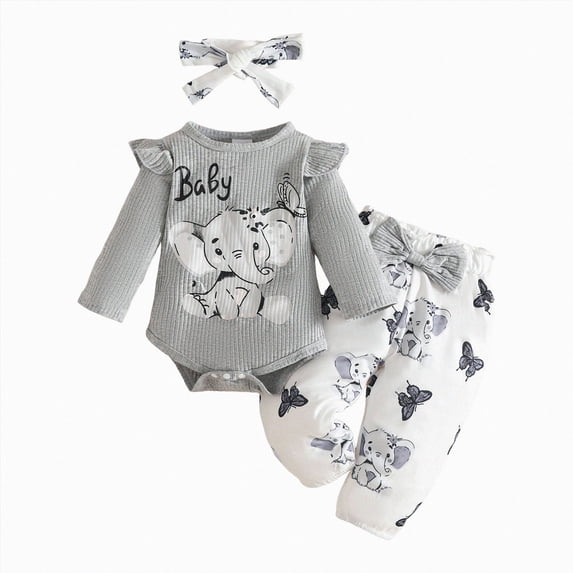 CAICJ98 Baby Girl Clothes Elephant Outfit Ruffle Long Sleeve Ribbed Romper Top Cute Bow Pants Set with Headband,Size 6-9 Months