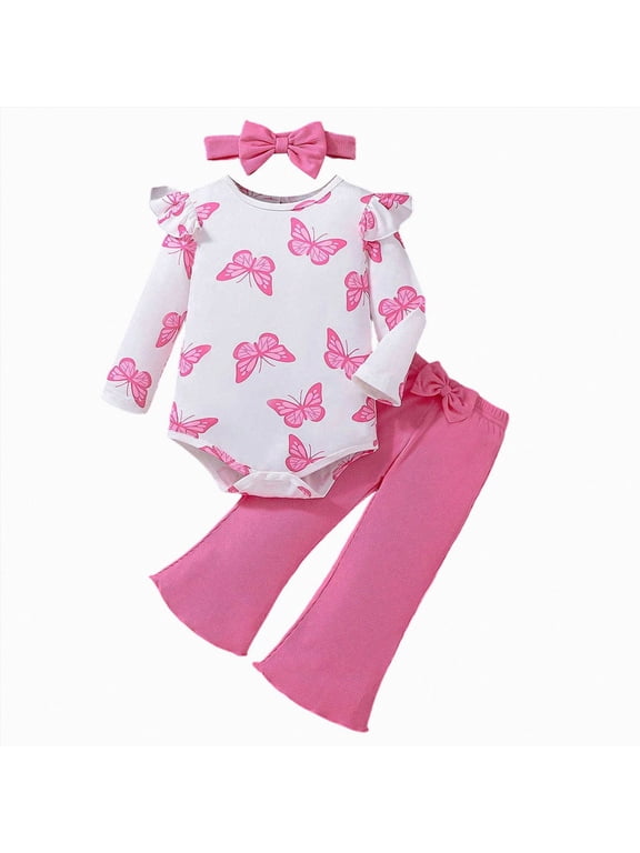 Baby Girl Clothes Fall Winter Coming Home Outfits Long Sleeve Ruffle Romper Tops Bell Bottom Pants Sets with Headband, Size 6-9 Months