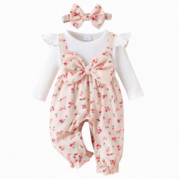 CAICJ98 Baby Girl Clothes Fall Winter Long Sleeve Bubble Romper Floral Bow One Piece Jumpsuit Cute Outfits (Beige,3-6 Months)