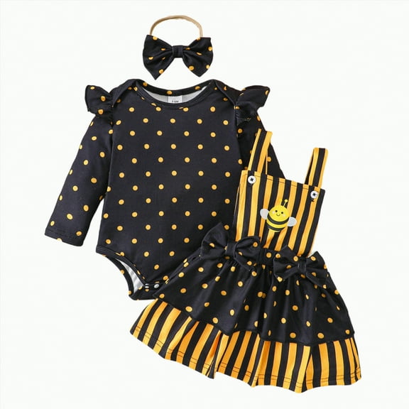 CAICJ98 Baby Girl Clothes Fall Winter Outfit Long Sleeve Ruffle Romper Cute Skirt Bow Headband 3 Pcs Set Black,Size 3-6 Months