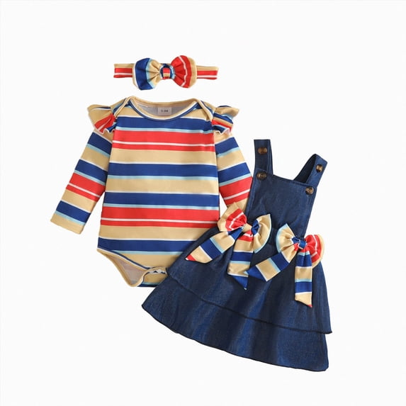 CAICJ98 Baby Girl Clothes Fall Winter Outfit Long Sleeve Ruffle Romper Plaid Skirt Bow Headband 3 Pcs Set (Blue,6-9 Months)