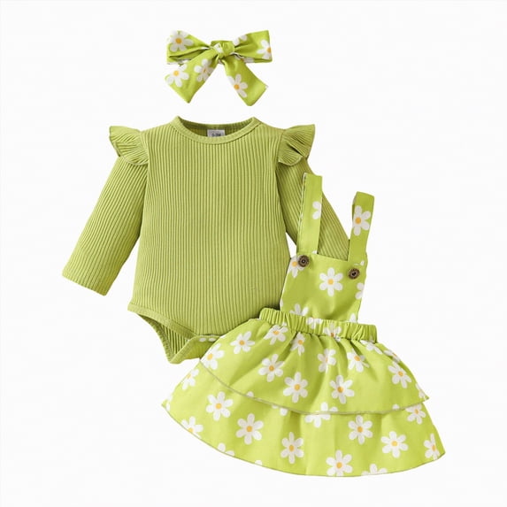 CAICJ98 Baby Girl Clothes Fall Winter Outfit Long Sleeve Ruffle Romper Plaid Skirt Bow Headband 3 Pcs Set Green,Size 3-6 Months