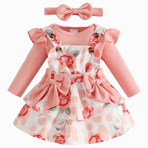 CAICJ98 Baby Girl Clothes Fall Winter Outfit Long Sleeve Ruffle Romper Plaid Skirt Bow Headband 3 Pcs Set (Light Pink,6-9 Months)