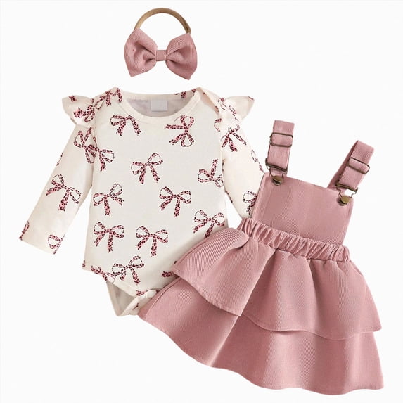 CAICJ98 Baby Girl Clothes Fall Winter Outfit Long Sleeve Ruffle Romper Plaid Skirt Bow Headband 3 Pcs Set (Pink,3-6 Months)