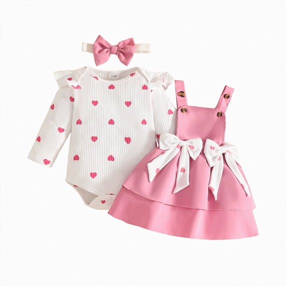 CAICJ98 Baby Girl Clothes Fall Winter Outfit Long Sleeve Ruffle Romper Plaid Skirt Bow Headband 3 Pcs Set (Pink,9-12 Months)