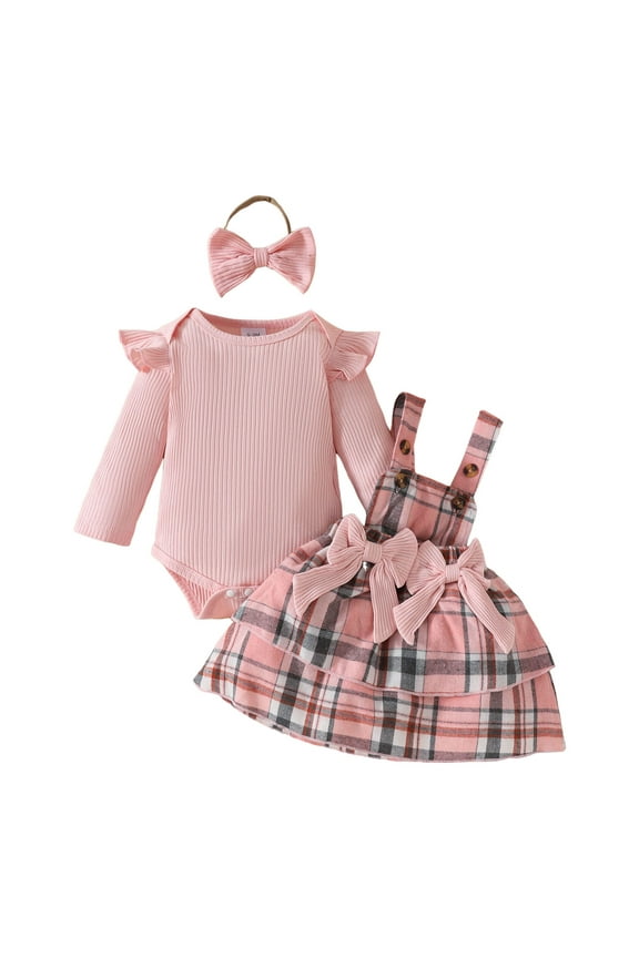 Baby Girl Clothes Fall Winter Outfit Long Sleeve Ruffle Romper Plaid Skirt Bow Headband 3 Pcs Set Pink,Size 6-9 Months