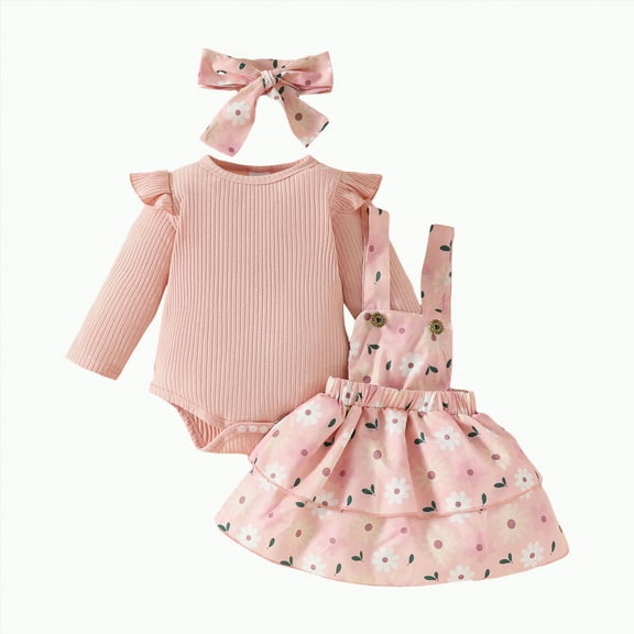 CAICJ98 Baby Girl Clothes Fall Winter Outfit Long Sleeve Ruffle Romper Plaid Skirt Bow Headband 3 Pcs Set Pink,Size 6-9 Months
