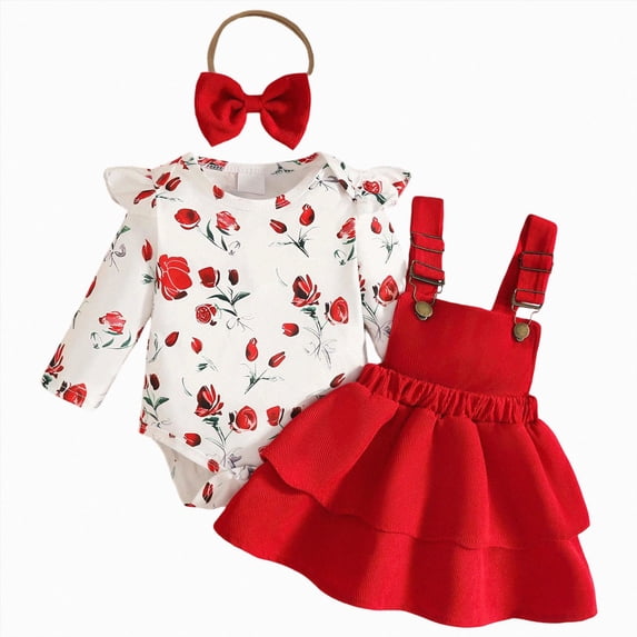CAICJ98 Baby Girl Clothes Fall Winter Outfit Long Sleeve Ruffle Romper Plaid Skirt Bow Headband 3 Pcs Set (Red,12-18 Months)