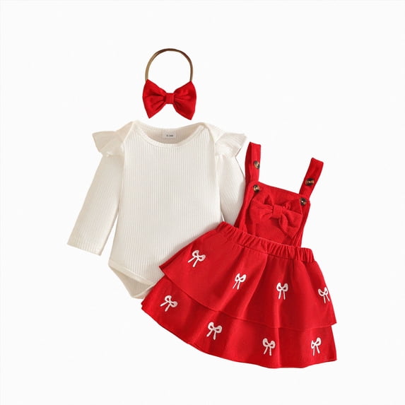 CAICJ98 Baby Girl Clothes Fall Winter Outfit Long Sleeve Ruffle Romper Plaid Skirt Bow Headband 3 Pcs Set (Red,6-12 Months)