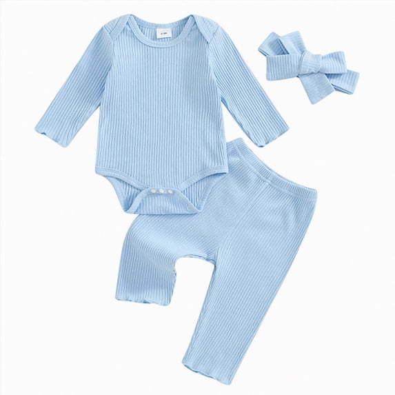 CAICJ98 Baby Girl Clothes Fall Winter Outfit Solid Color Long Sleeve Ribbed Bodysuit Romper Pants Set with Headband Cute Infant Outfit,Size 12-18 Months