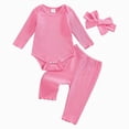 thumbnail image 1 of CAICJ98 Baby Girl Clothes Fall Winter Outfit Solid Color Long Sleeve Ribbed Bodysuit Romper Pants Set with Headband Cute Infant Outfit,Size 6-12 Months, 1 of 8