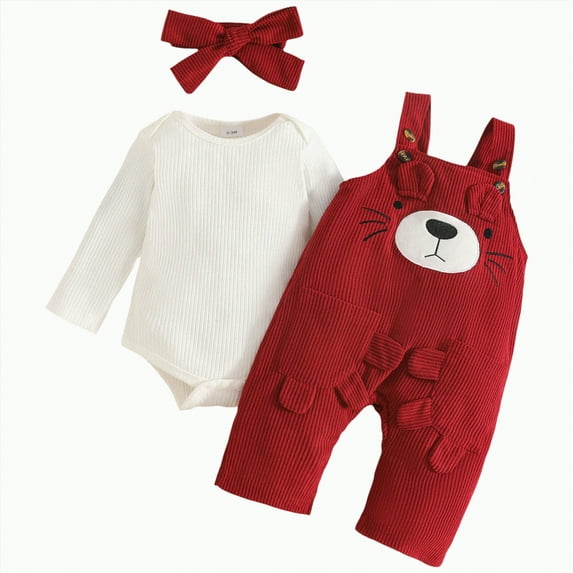 CAICJ98 Baby Girl Clothes Fall Winter Outfits Cute Jumpsuit Ruffle Long Sleeve Romper Cartoon Overalls Pants Headband Set Red,Size 0-3 Months