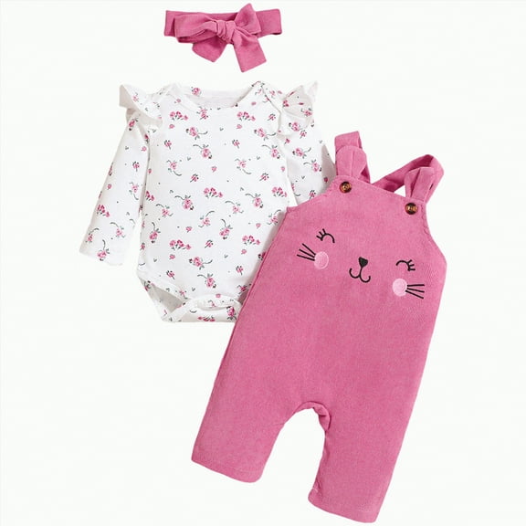 CAICJ98 Baby Girl Clothes Fall Winter Outfits Fall Winter Cute Romper Cartoon Overalls Pants Headband Set (Hot Pink,9-12 Months)