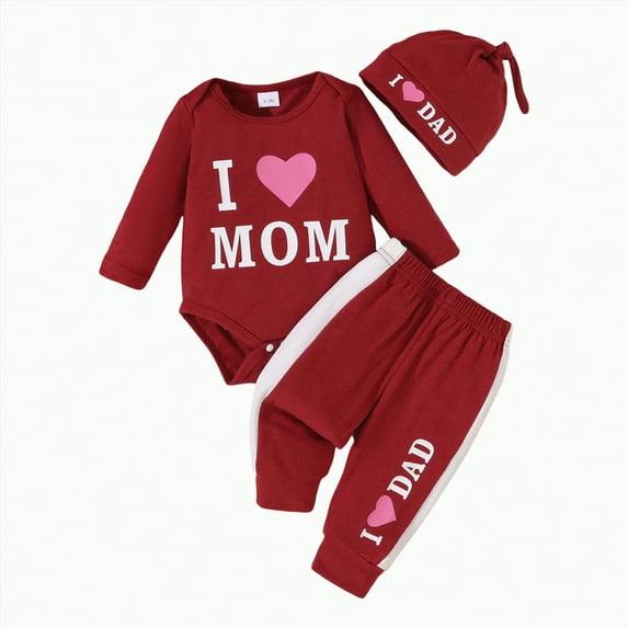 CAICJ98 Baby Girl Clothes Infant Newborn Mamas Outfit Gender Neutral Baby Clothes Romper Red Heart Pants Hats 3pcs Outfits Set (Red,9-12 Months)