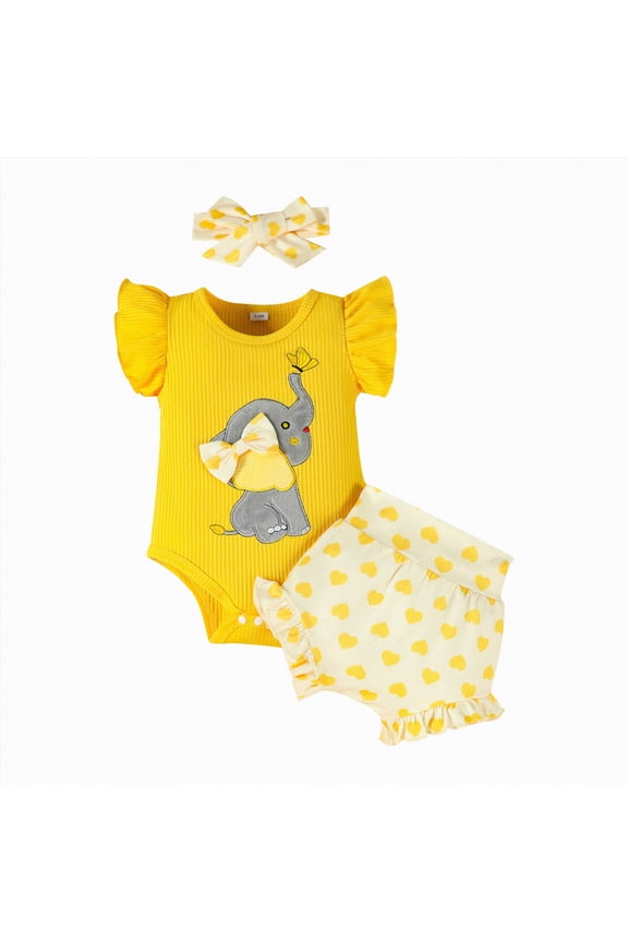 Baby Girl Clothes Newborn Infant Elephant Summer Outfits Ruffle Sleeve Romper and Bloomers Shorts Headband Set (Yellow,0-3 Months)