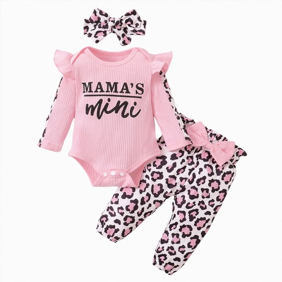 CAICJ98 Baby Girl Clothes Newborn Infant Fall Winter Outfits Ruffle Long Sleeve Romper+ Leopard Pants + Cute Headband Sets for Girls,Size 12-18 Months