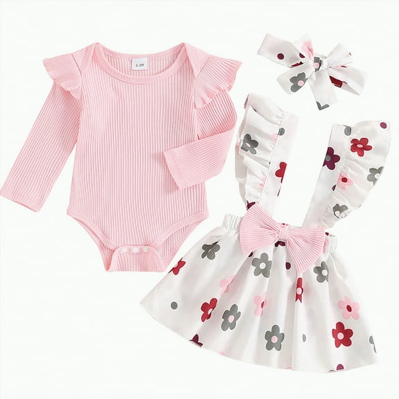 CAICJ98 Baby Girl Clothes Romper Floral Suspender Dress Fall Winter Outfits Ruffle Long Sleeve Jumpsuit White,Size 6-12 Months