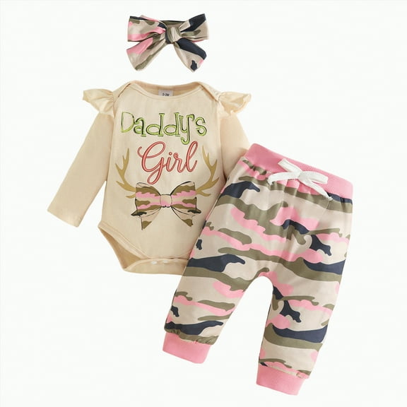 CAICJ98 Baby Girl Clothes Set Daddys Little Girl Long Sleeve Ruffle Romper Top Camouflage Pants with Headband Newborn Infant Baby Girl Outfit (Pink,12-18 Months)