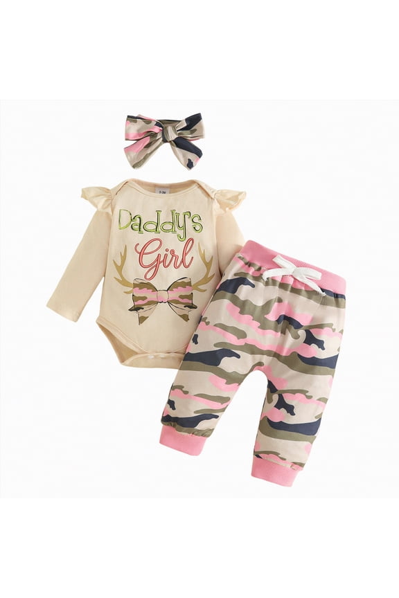 Baby Girl Clothes Set Daddys Little Girl Long Sleeve Ruffle Romper Top Camouflage Pants with Headband Newborn Infant Baby Girl Outfit (Pink,12-18 Months)