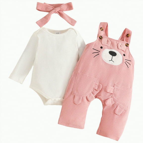 CAICJ98 Baby Girl Clothes Suspender Jumpsuit Newborn Long Sleeve Ruffled Romper   Cute Cartoon Pants   Headband Fall Winter Outfits Pink,Size 12-18 Months