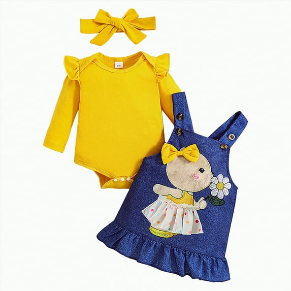 CAICJ98 Baby Girl Clothes Suspender Skirt Newborn Long Sleeve Ruffled Romper + Bear Jeans Dress + Headband Fall Winter Spring Outfits Yellow,Size 12-18 Months