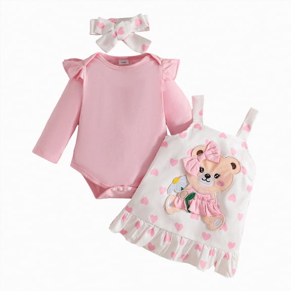 CAICJ98 Baby Girl Clothes Suspender Skirt Newborn Long Sleeve Ruffled Romper   Cute Dress   Headband Fall Spring Outfits Pink,Size 12-18 Months