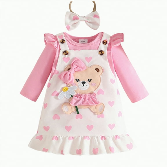CAICJ98 Baby Girl Clothes Suspender Skirt Newborn Long Sleeve Ruffled Romper   Cute Dress   Headband Fall Spring Outfits Pink,Size 12-18 Months