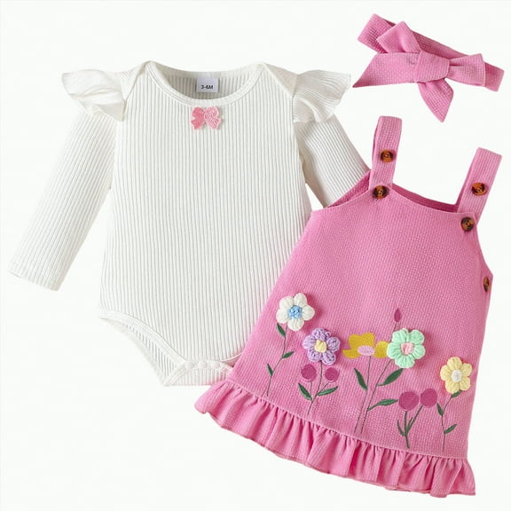 CAICJ98 Baby Girl Clothes Suspender Skirt Newborn Long Sleeve Ruffled Romper Cute Embroidery Dress Headband Fall Winter Spring Outfits Hot Pink,Size 12-18 Months