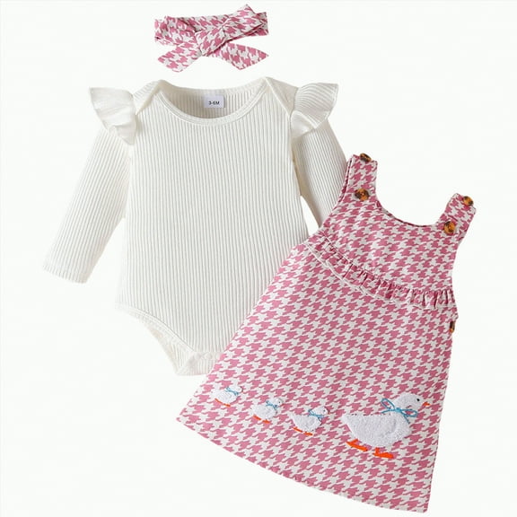 CAICJ98 Baby Girl Clothes Suspender Skirt Newborn Long Sleeve Ruffled Romper   Cute Embroidery Dress   Headband Fall Winter Spring Outfits Pink,Size 12-18 Months